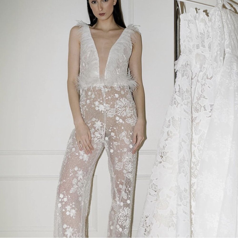 Tal Kedem Bridal Wedding Dawn Jumpsuit Sheer Lace Bodysuit Feather Plunge V Neck